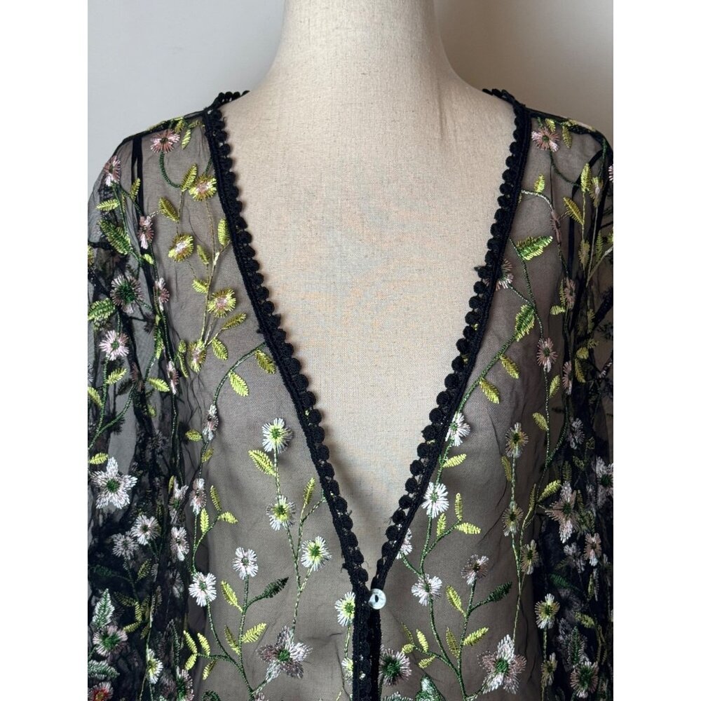 Rabbit‎ Rabbit Rabbit Cardigan Women 3X Black Floral Embroidered Mesh Cardigan - Picture 7 of 12